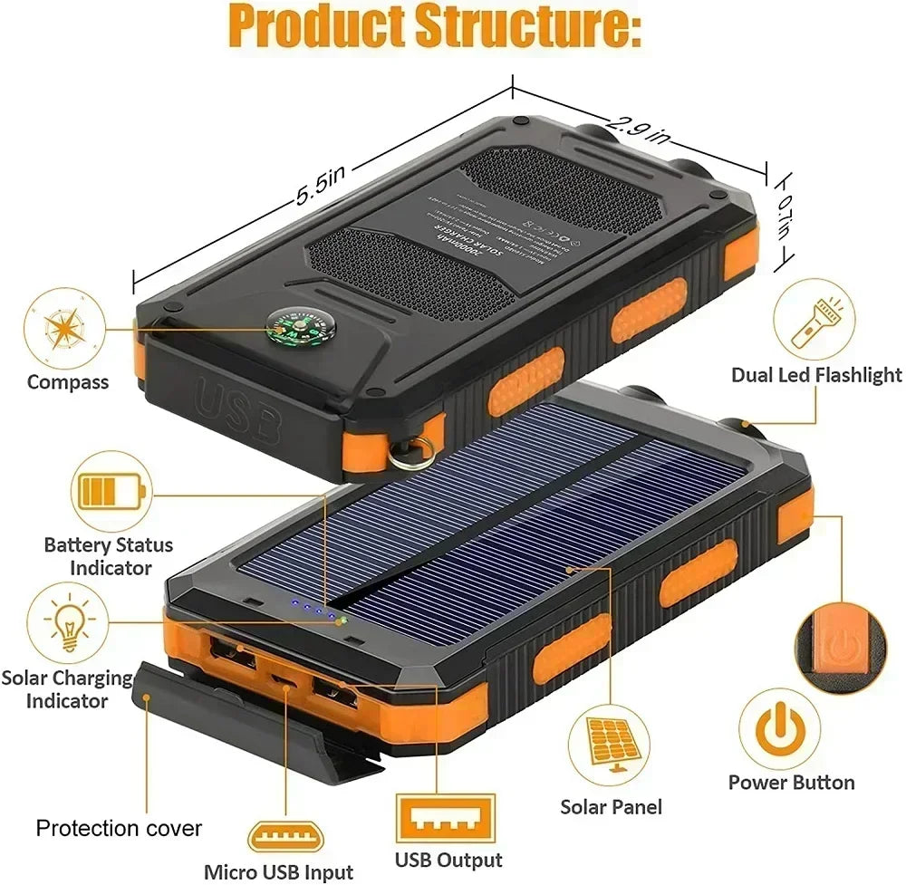 Portable Solar Power Bank with LED Light